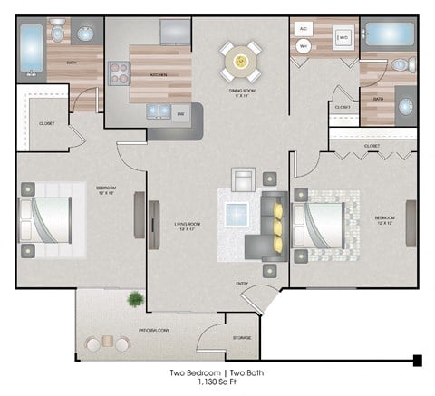 Floor plan for 2 beds, 2 baths, 1130 sqft